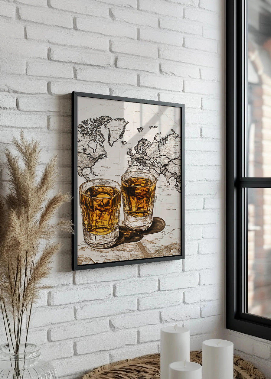Cuadro ​Vasos de whisky sobre el mapa del mundo