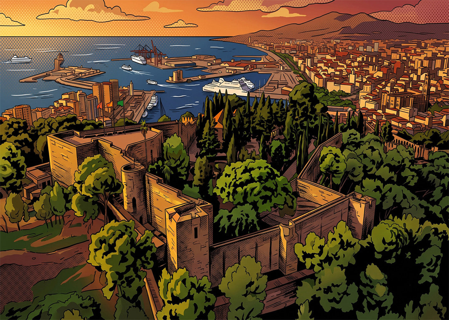 Cuadro Vistas de Málaga y Castillo de Gibralfaro - Cómic