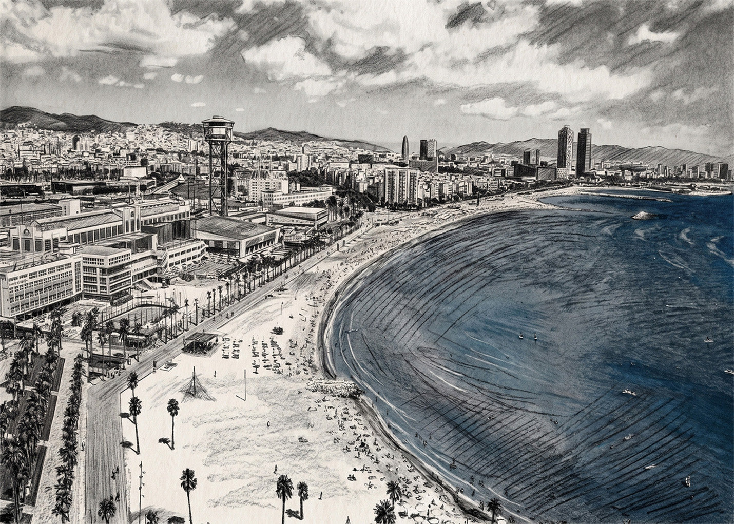 Cuadro Vistas de la costa de Barcelona efecto lápiz