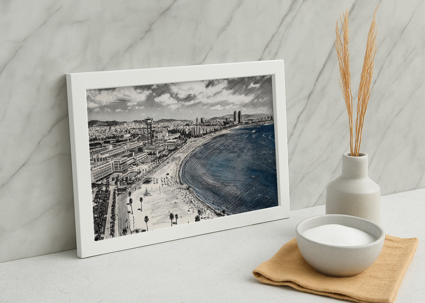 Cuadro Vistas de la costa de Barcelona efecto lápiz