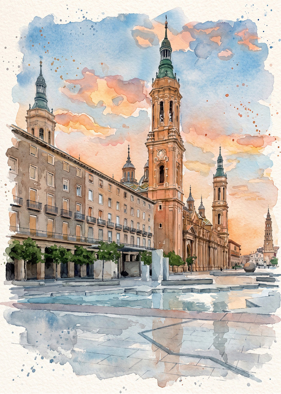 Cuadro Zaragoza Plaza del Pilar efecto acuarela