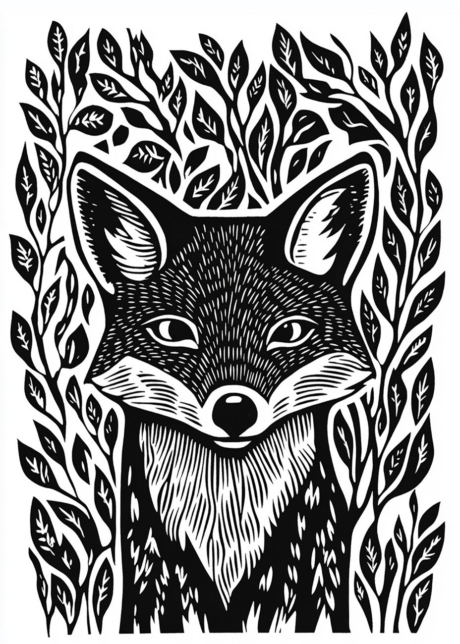 Cuadro ​Zorro diseño Linocut - blanco y negro