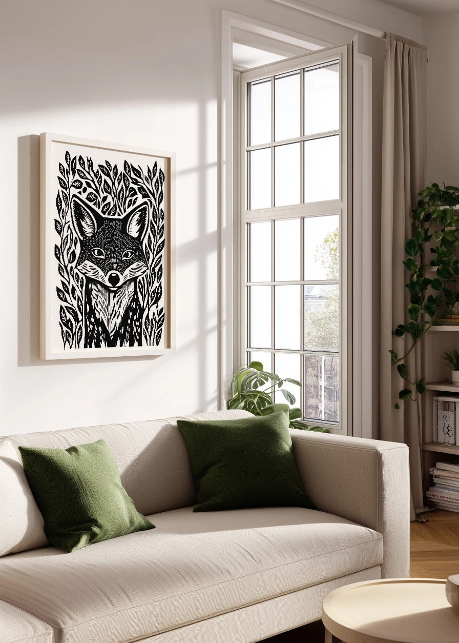 Cuadro ​Zorro diseño Linocut - blanco y negro