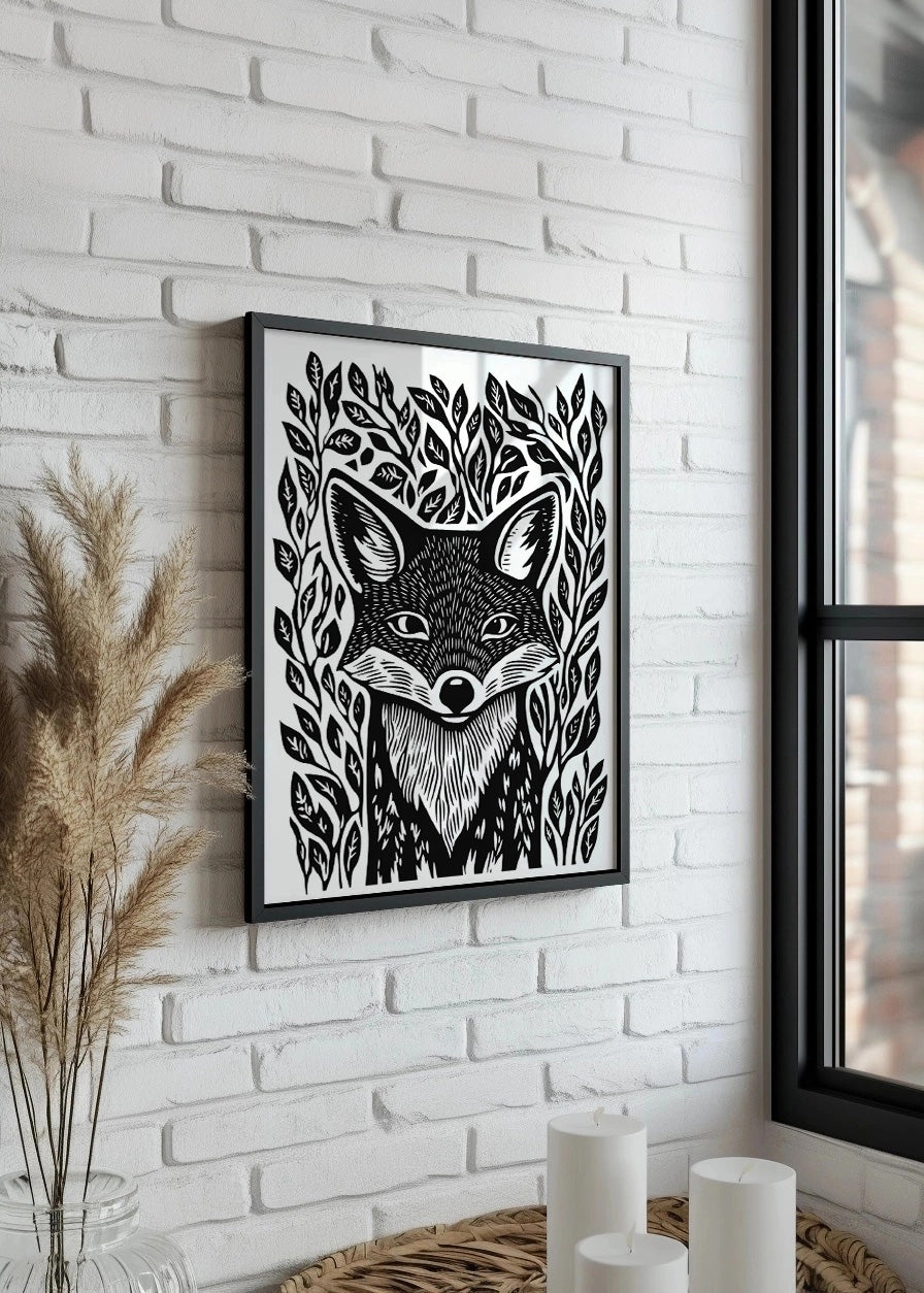 Cuadro ​Zorro diseño Linocut - blanco y negro