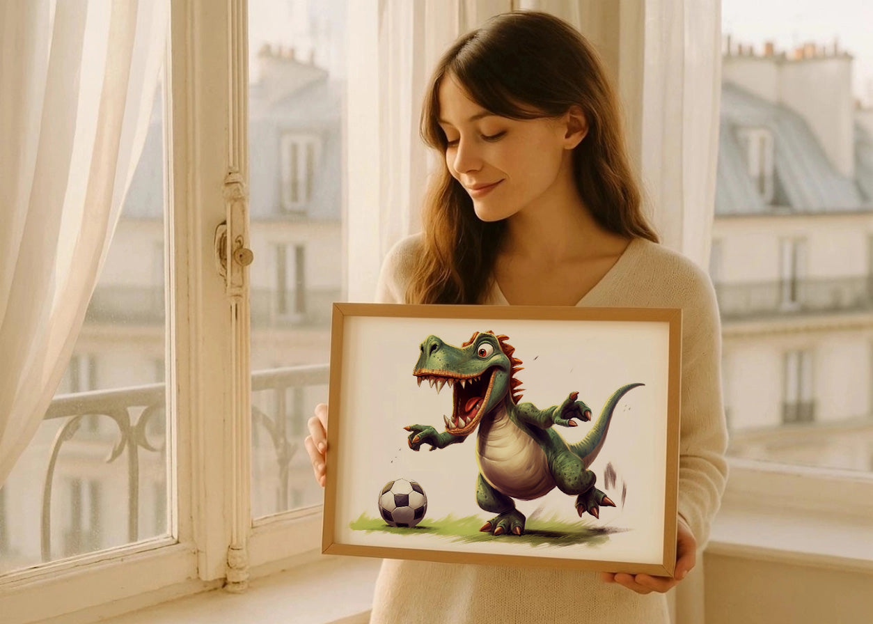 Cuadro ​Dinosaurio jugando al futbol