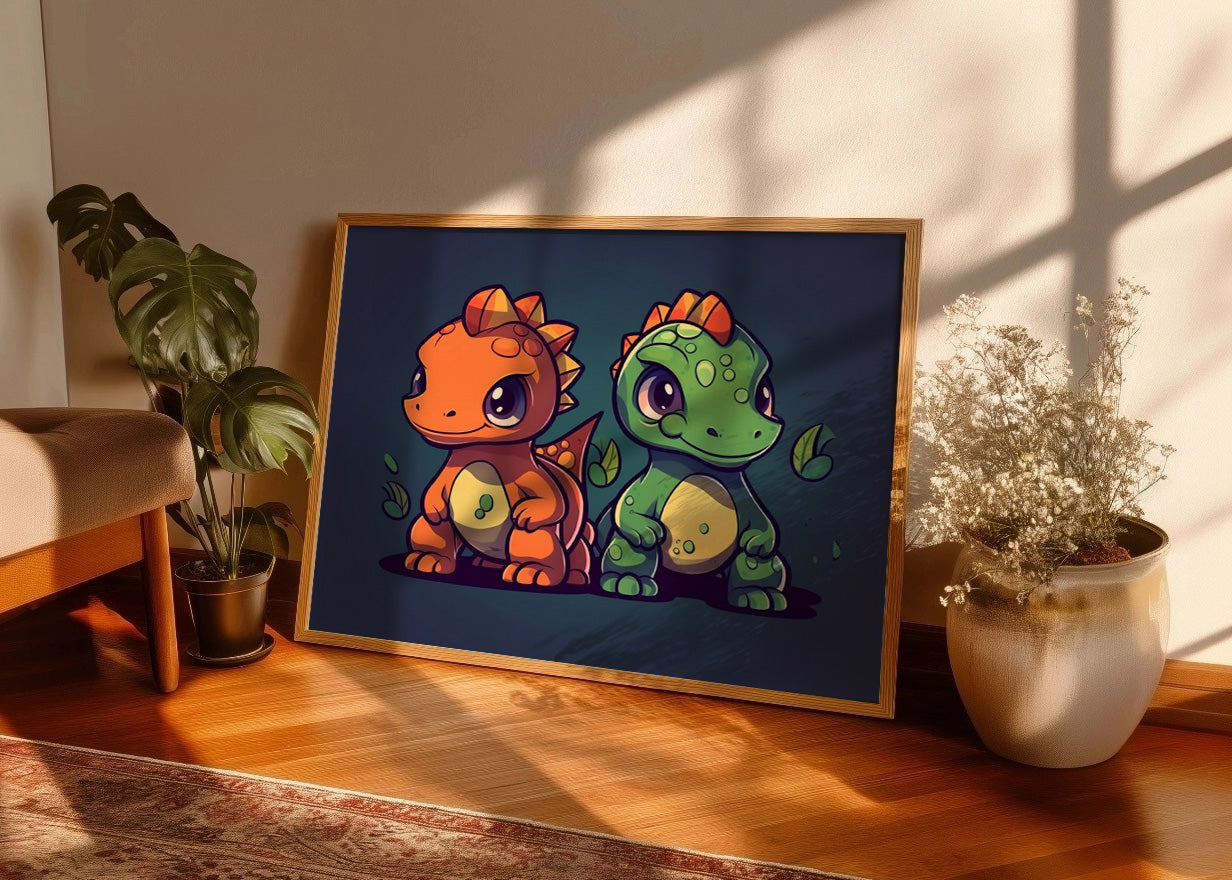 Cuadro ​Dos amigos dinosaurios chibi