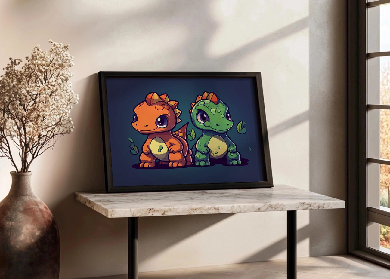 Cuadro ​Dos amigos dinosaurios chibi