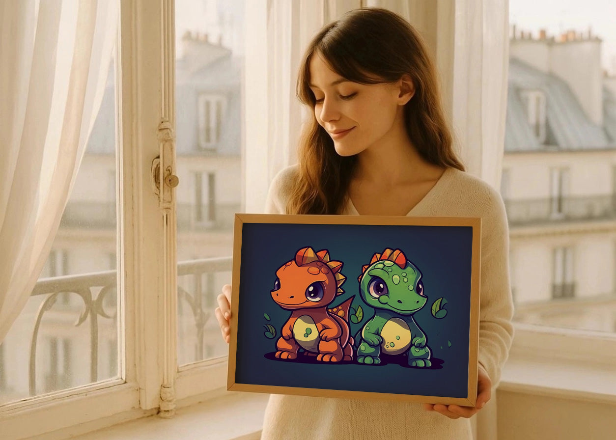 Cuadro ​Dos amigos dinosaurios chibi