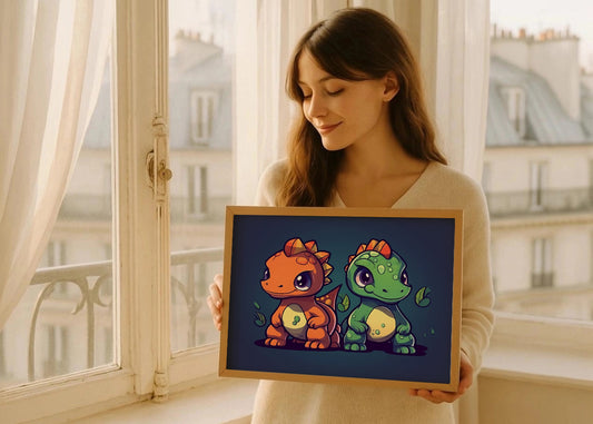 Cuadro ​Dos amigos dinosaurios chibi