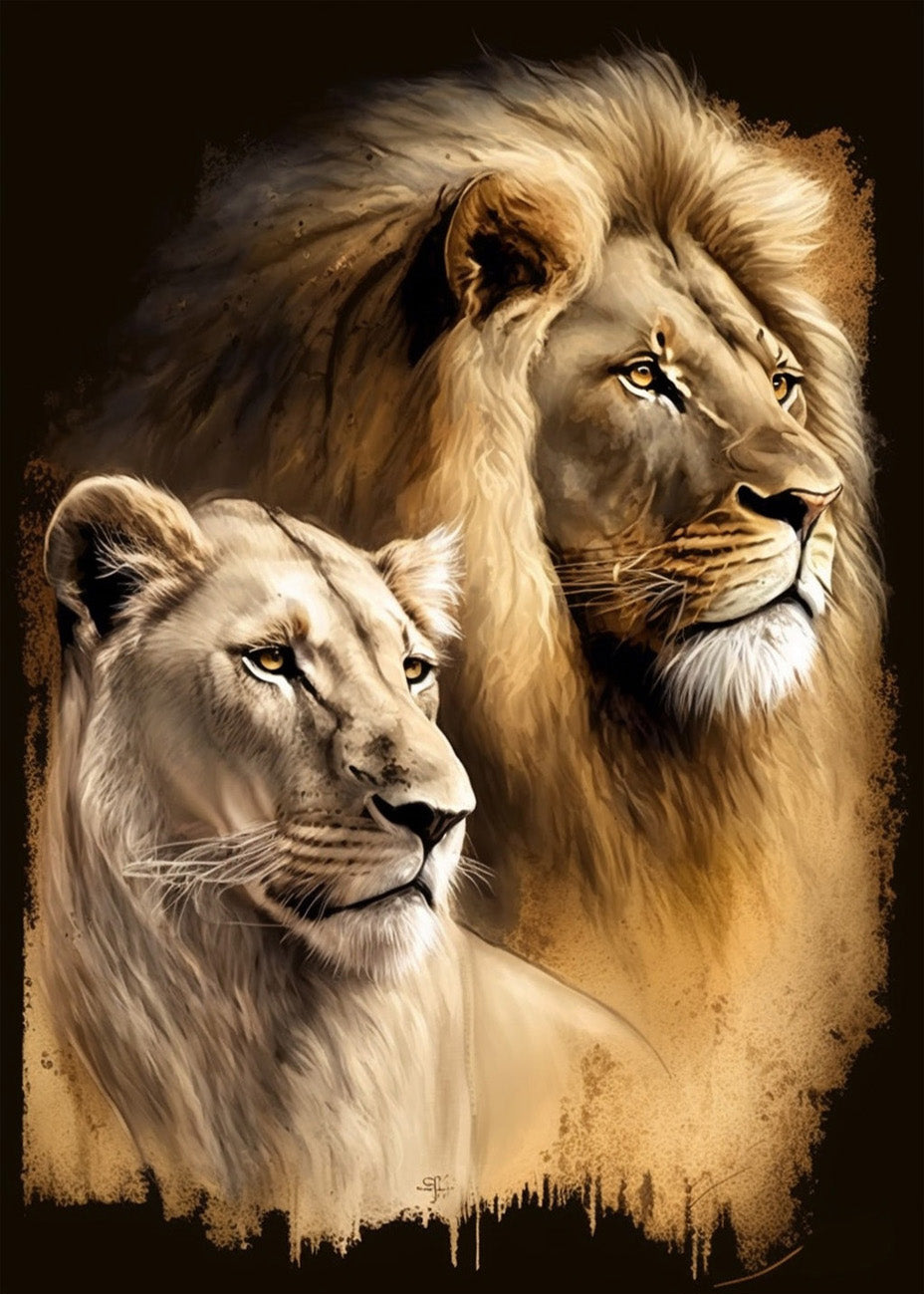 Cuadro ​León y leona de la sabana