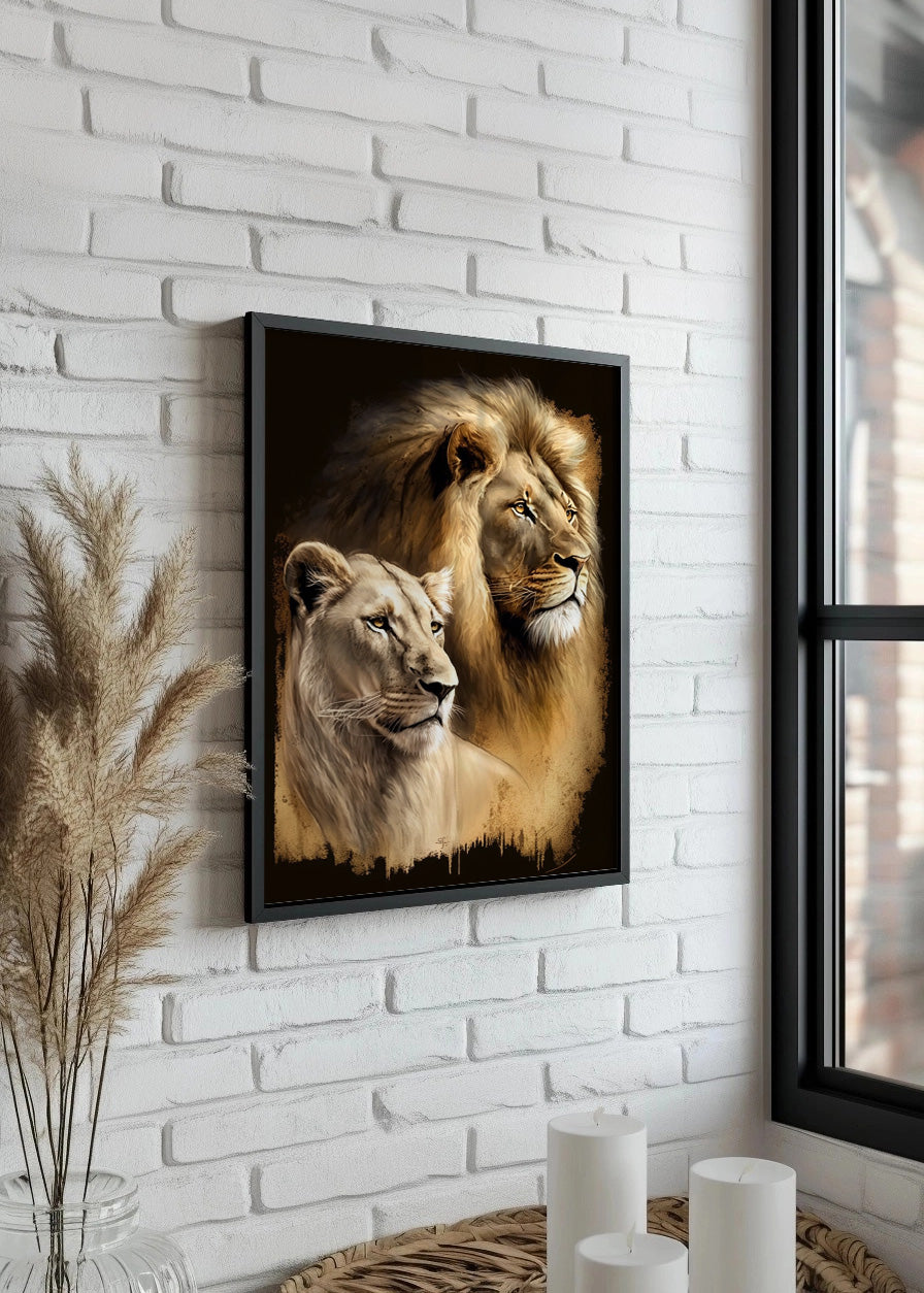 Cuadro ​León y leona de la sabana