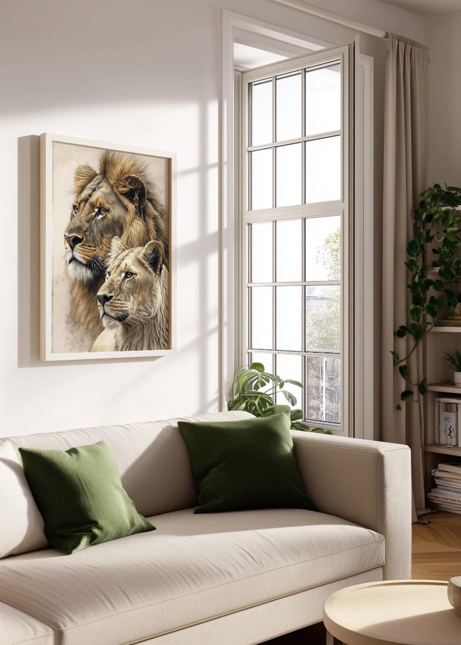 Cuadro ​León y leona mirando de perfil