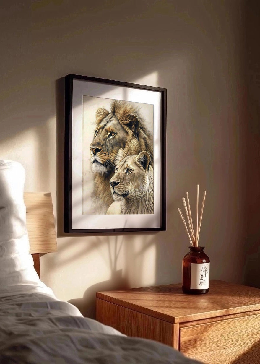 Cuadro ​León y leona mirando de perfil