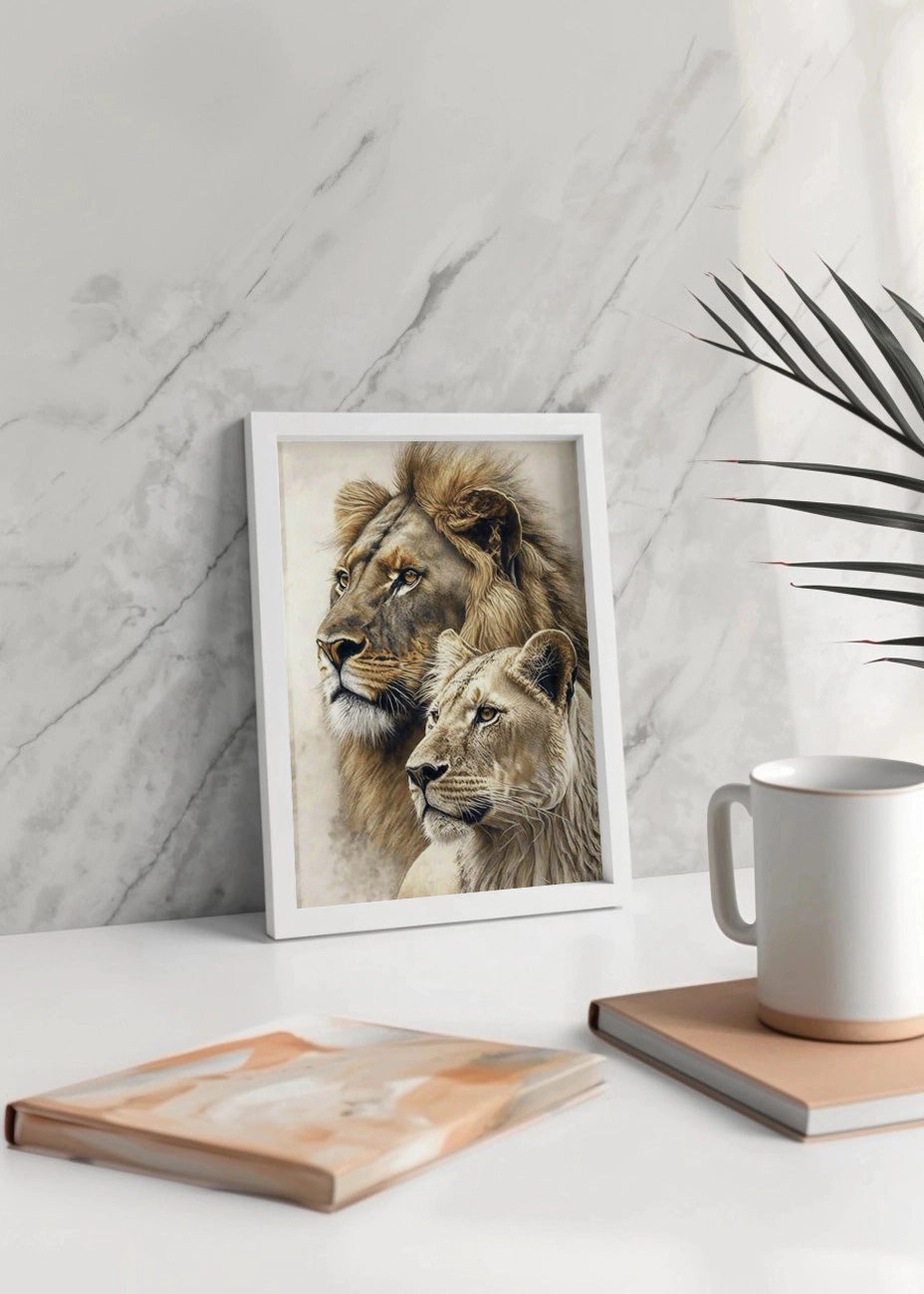Cuadro ​León y leona mirando de perfil