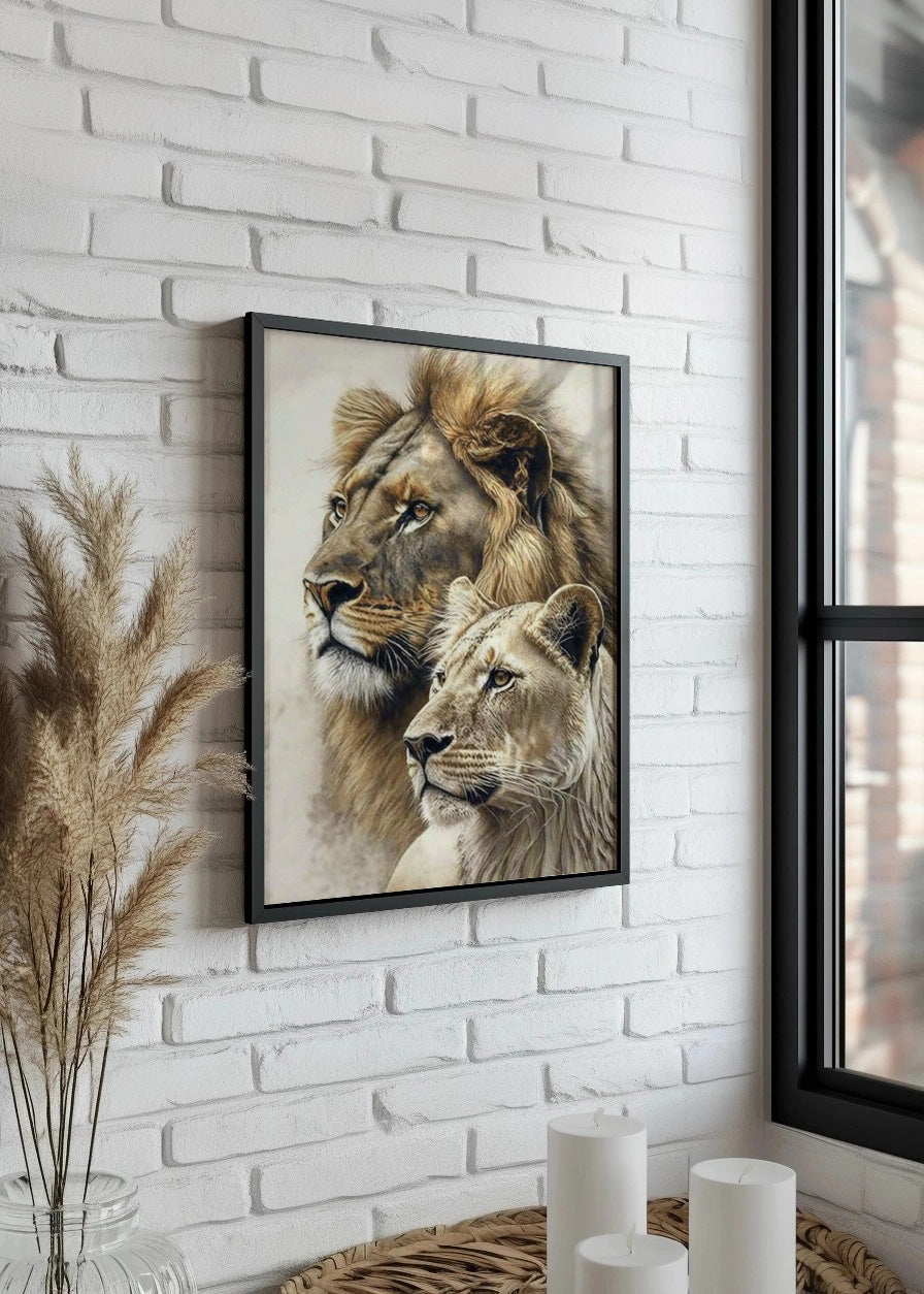 Cuadro ​León y leona mirando de perfil