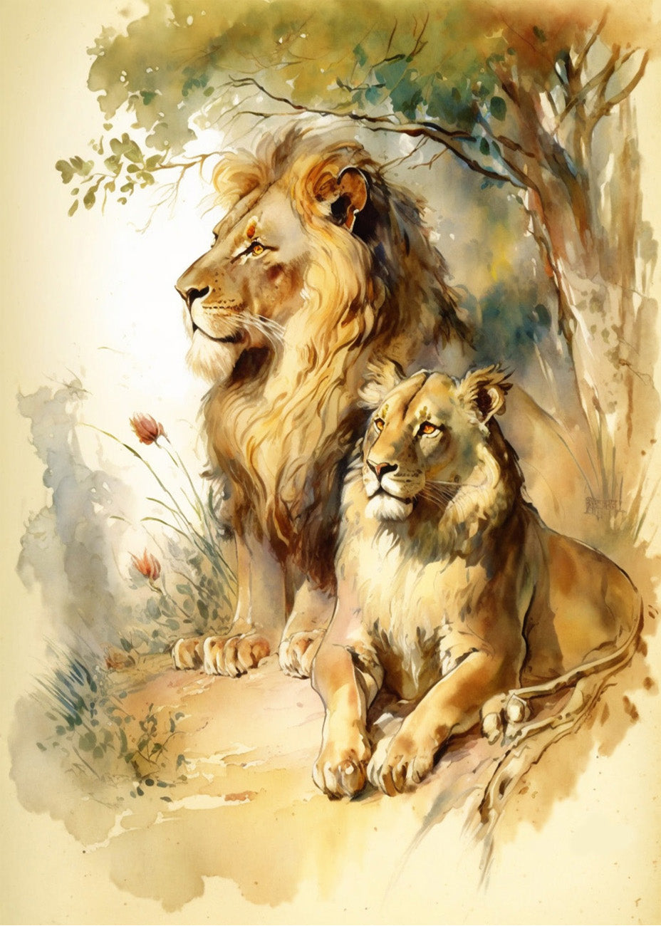 Cuadro ​León y leona sentados en pareja