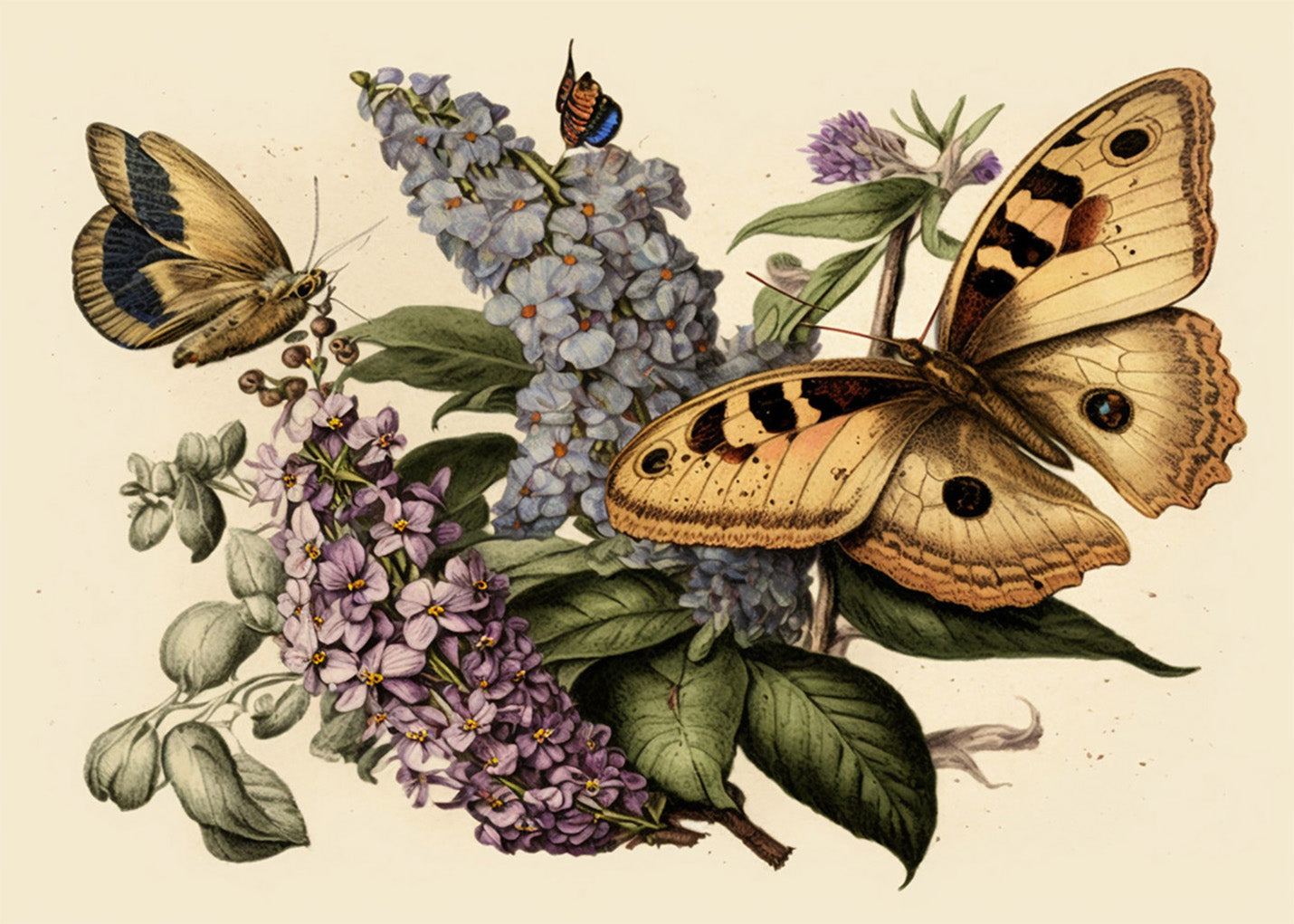 Cuadro ​Mariposas y flores estilo antiguo