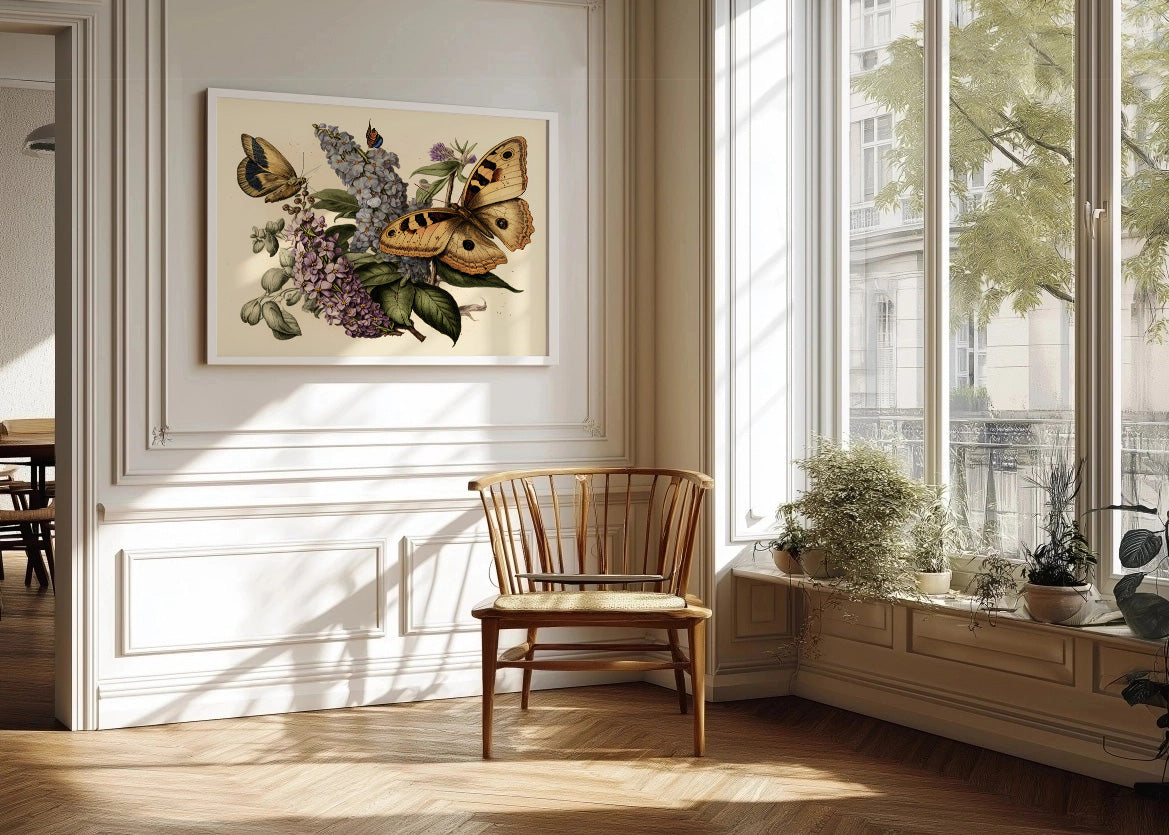 Cuadro ​Mariposas y flores estilo antiguo
