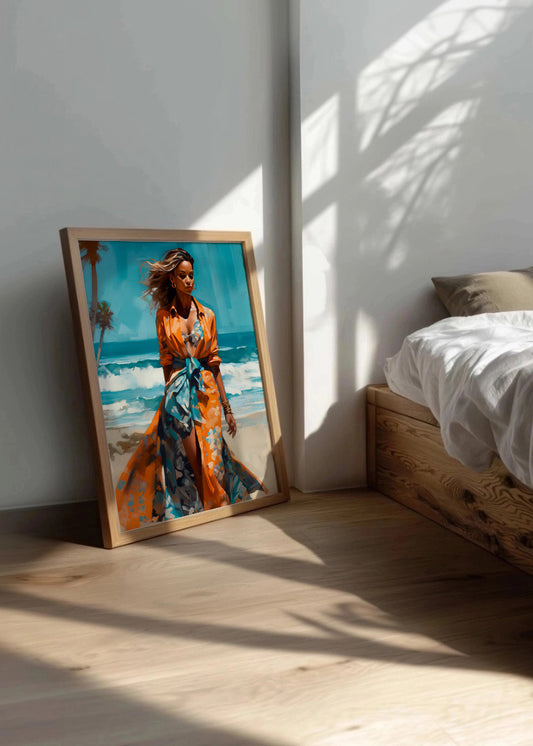 Cuadro ​Mujer en la playa - vestido naranja