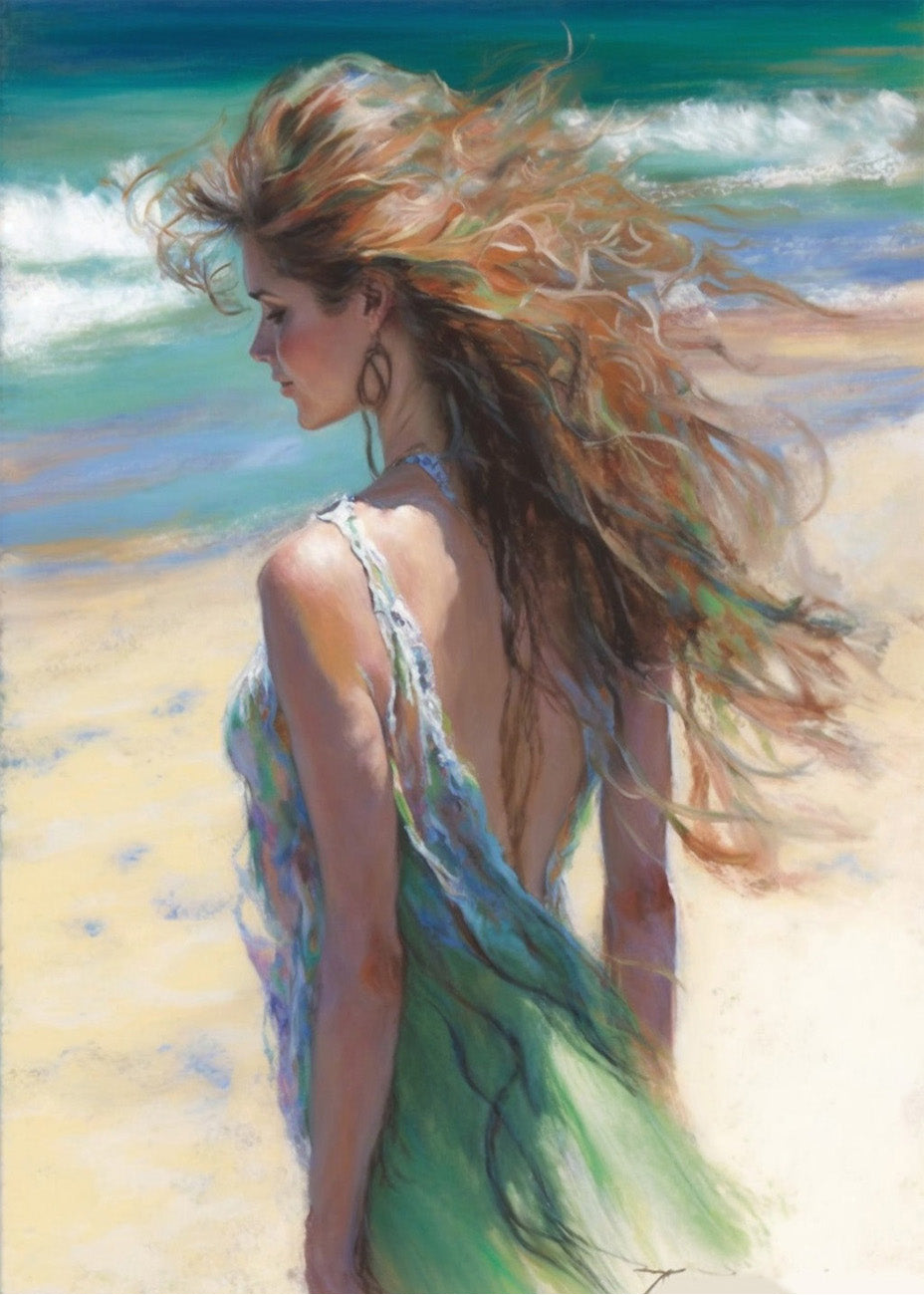Cuadro ​Chica de vestido verde en la playa