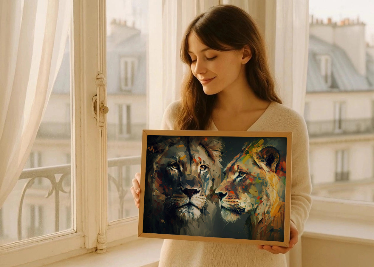 Cuadro ​León y leona en gris