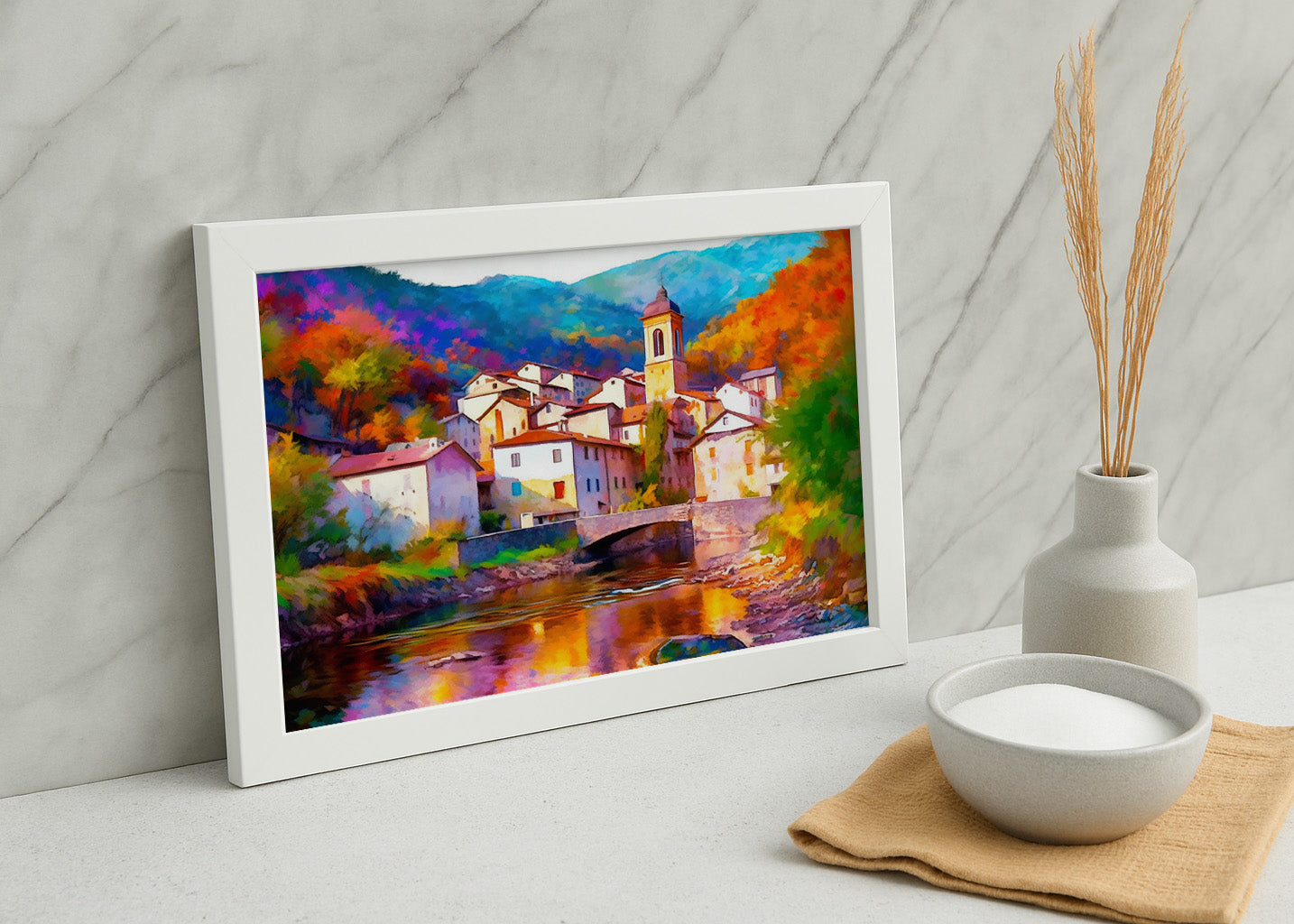 Cuadro ​Pueblo con iglesia sobre el río